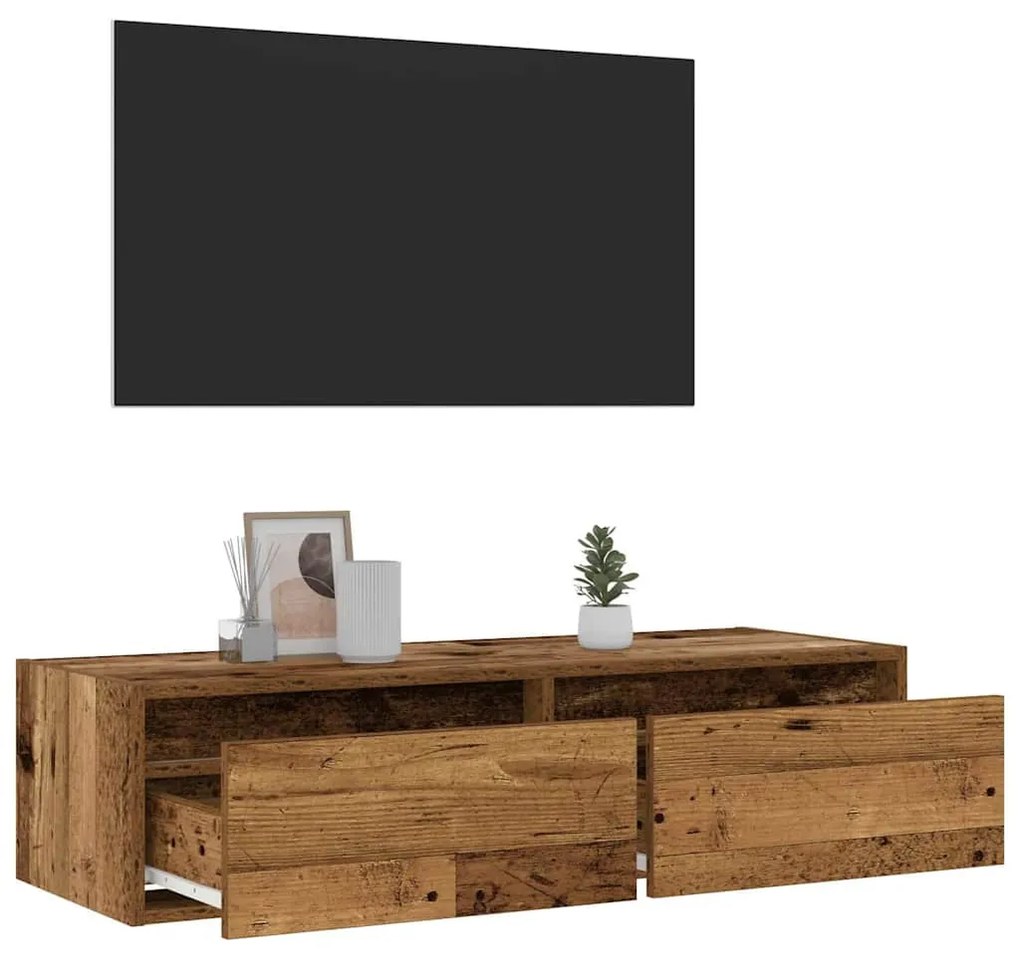 TV szekrény LED világítással régi fa 100X35,5x25 cm