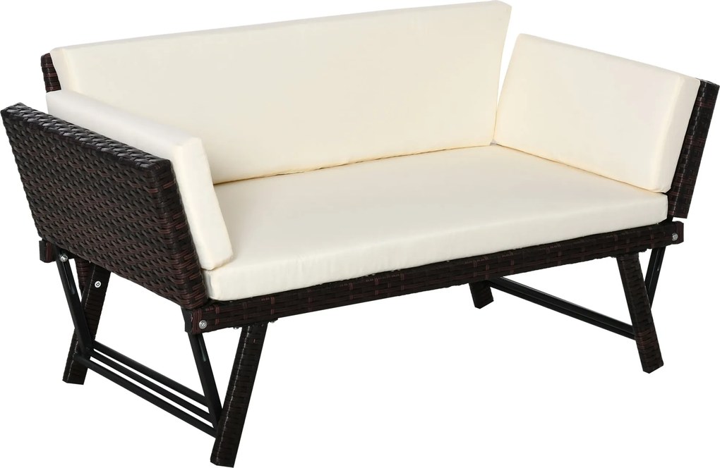 Outsunny Poly Rattan 2-Személyes Kerti Kanapé Lounge Kanapé Kerti Pad Lounger Összecsukható Kartámaszokkal Acél Barna 129 x 63 x 67 cm | Aosom