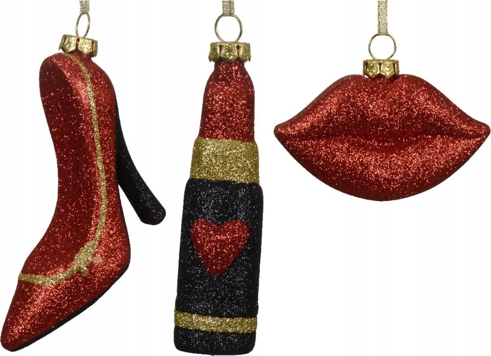 Karácsonyfa gömb rúzs száj csillámos gombostű karácsonyfára 8cm