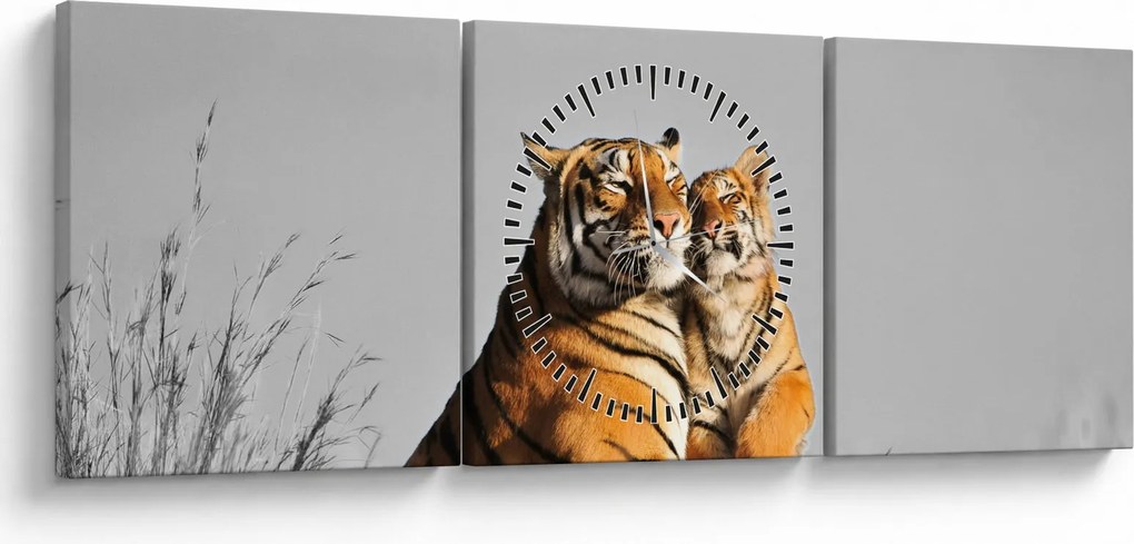 Kép - Tigris és a kölyke, fekete-fehér változat (órával) (90x30 cm)