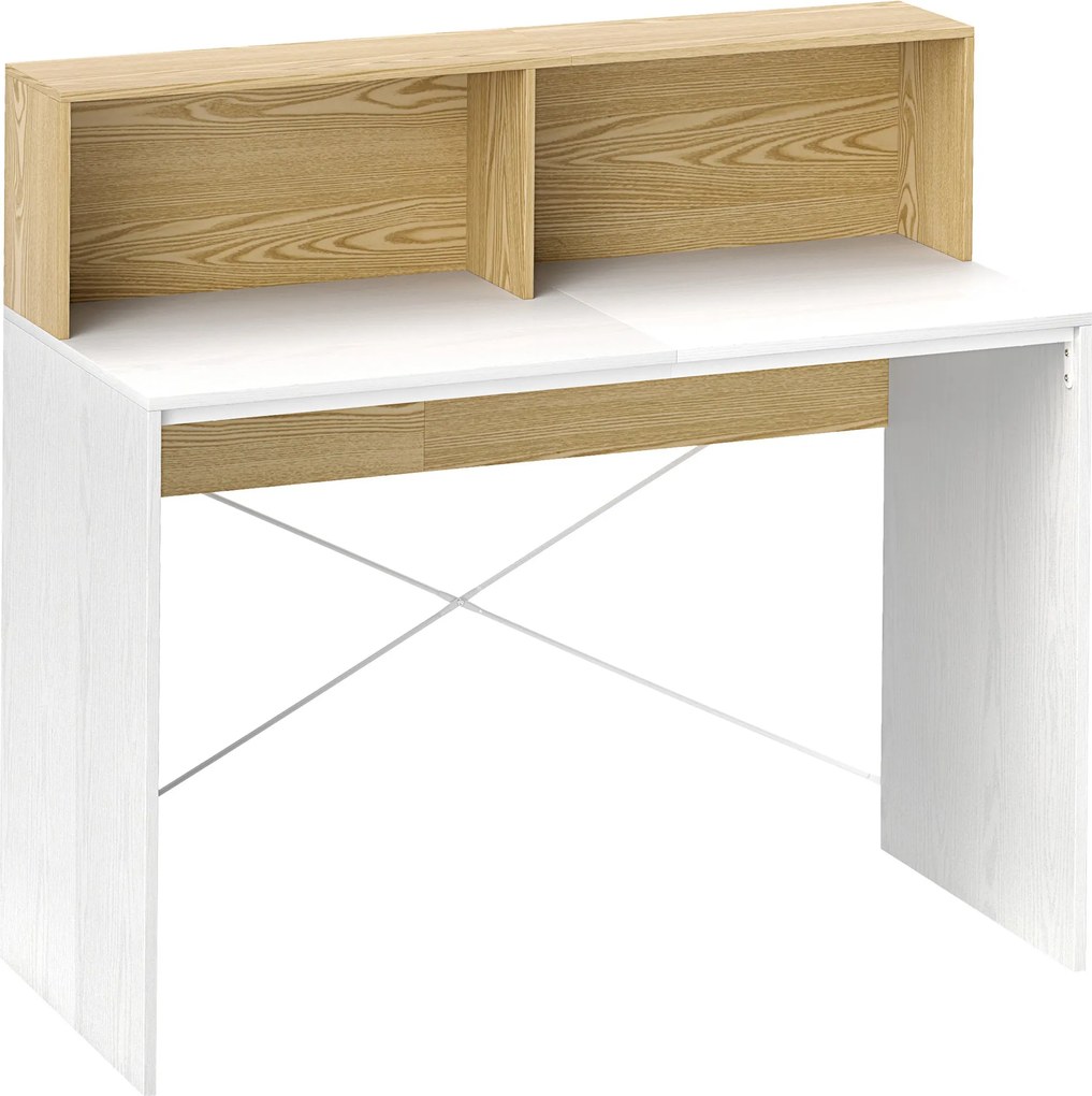 HOMCOM Számítógép Íróasztal Tárolóval 110 x 50 cm, 2 Nyitott Rekesszel és Polccal, Számítógép Íróasztal hálószobába, Kis Terekbe, Fehér és Természetes
