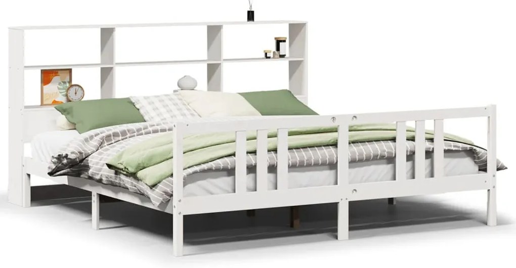 fehér tömör fenyőfa könyvespolcos ágy matrac nélkül 200x200 cm