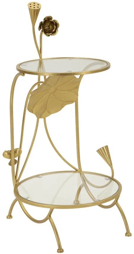 kétpolcos arany színű kisasztal virágdísszel és üveglappal – kortárs