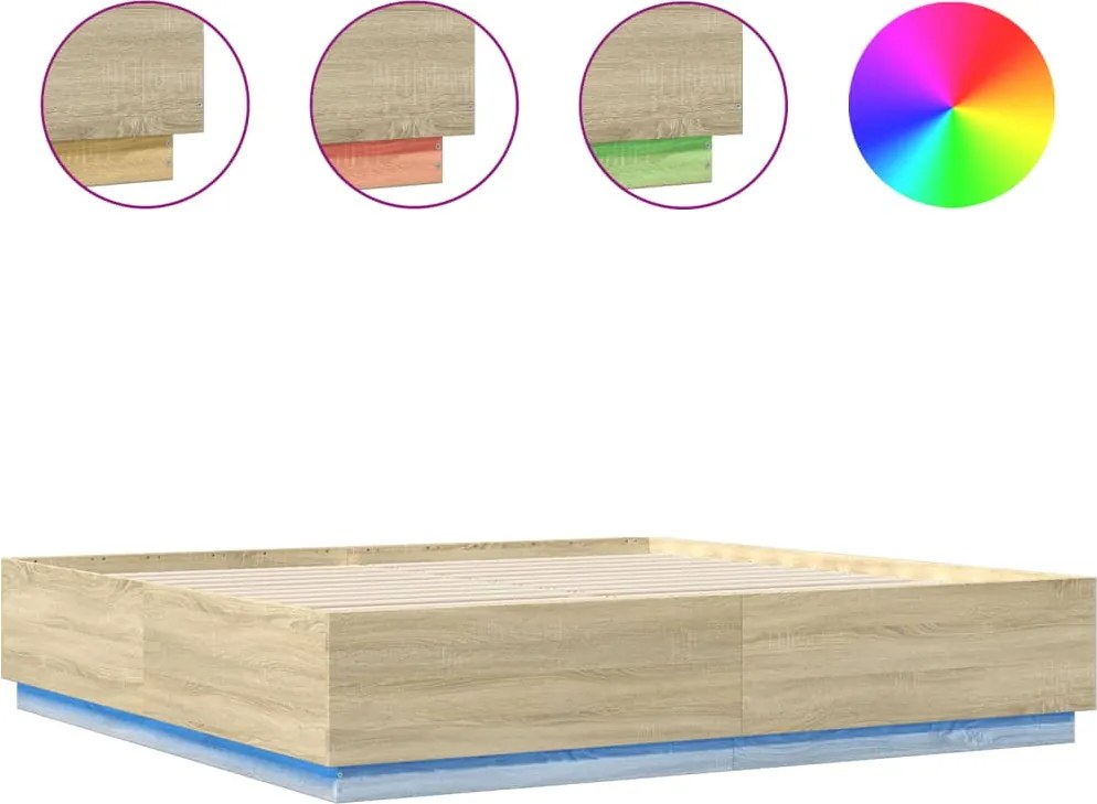 vidaXL sonoma tölgy színű szerelt fa ágykeret LED-del 180x200 cm