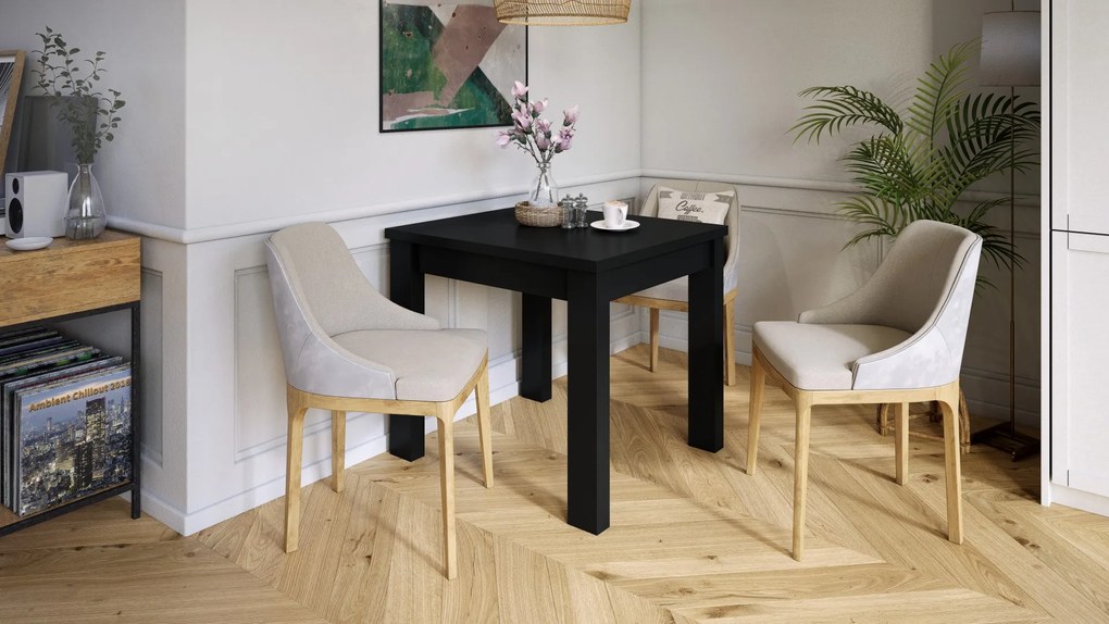 FONTE Fekete Matt - Klasszikus konyhai/nappali asztal 85x75 Kinyitható akár 130 cm-ig!