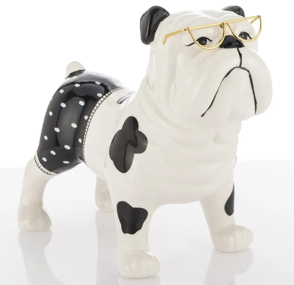 Modern design fekete-fehér francia bulldog szemüvegben asztali dekorációs szobor kerámia 22x25x13cm