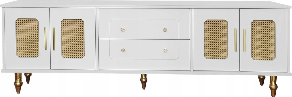 Tv szekrény Arany fogantyú Tömörfa üveg ajtók és lábak Fehér