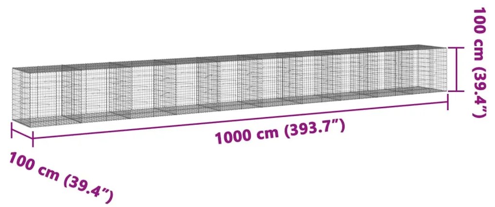 horganyzott vas gabion kosár fedéllel 1000 x 100 x 100 cm