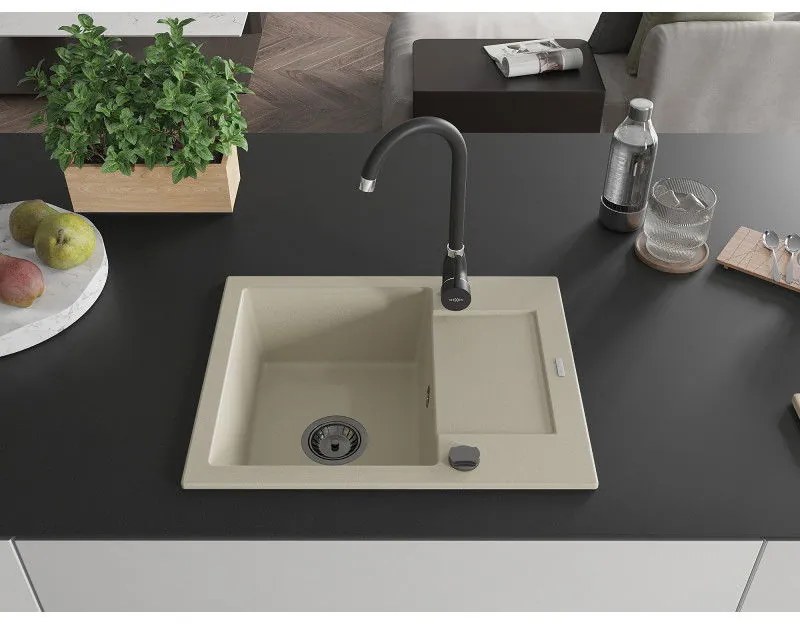 Mexen Enzo, gránit mosogató 576x465x174 mm, 1 kamrás, bézs, fekete szifonnal, 6506571005-69-B