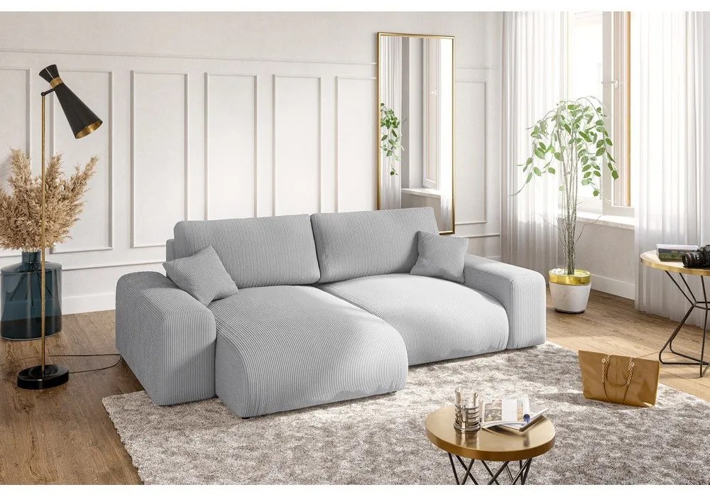 Világosszürke kordbársony sarokkanapé (variálható) Justin – Ropez