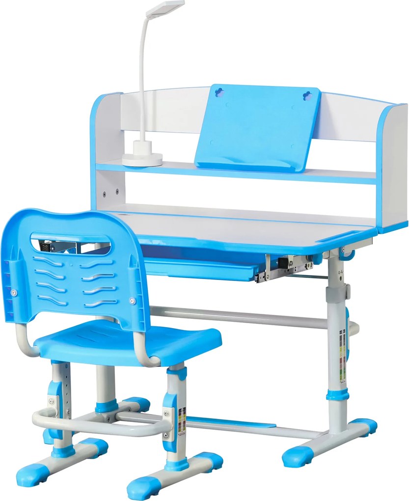 HOMCOM Gyerek Íróasztal és Szék Szett 6-12 Évesek Számára Magasságban Állítható, Iskolai Íróasztal 45°-ban Dönthető Toppal, Lámpával, Fiókkal, Polccal