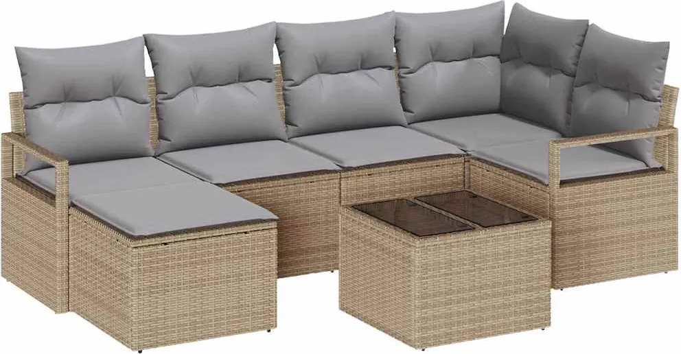 vidaXL Kanapé Szett párnával 7 pcs Beige és Világosszürke polirattan