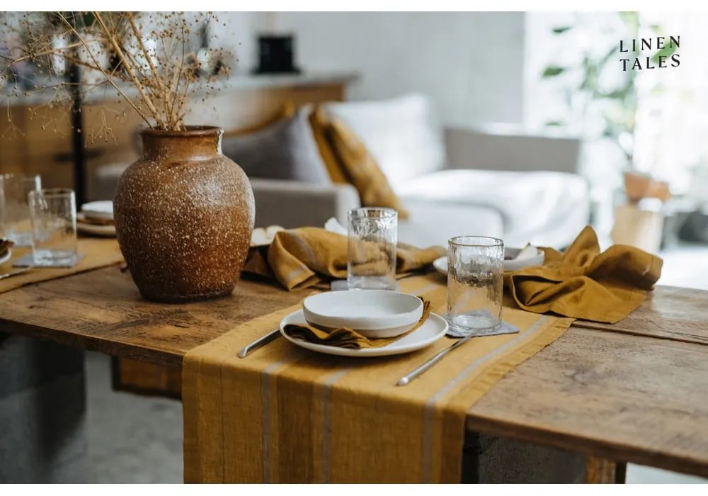 Len asztali futó 200x200 cm Amber Bronze Stripes – Linen Tales