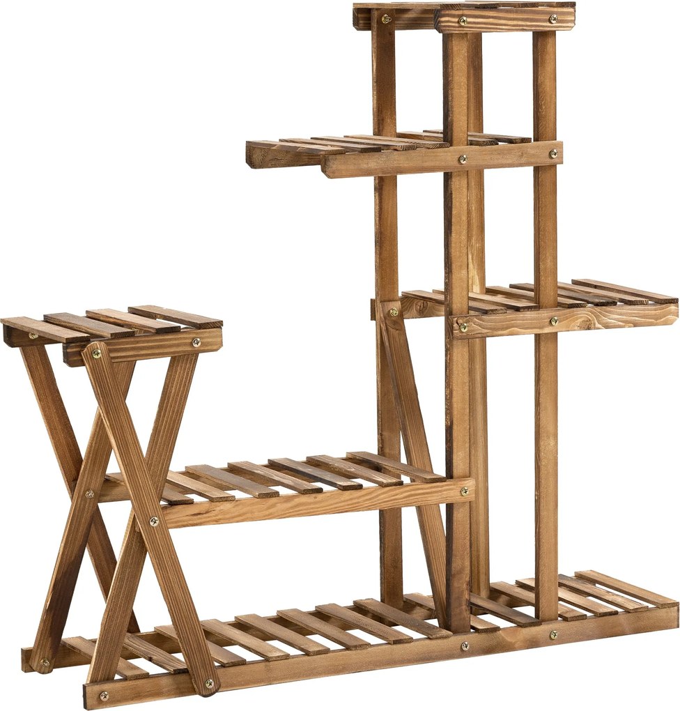 Outsunny Virágtartó Állvány Fa Lábakkal, 5 Szintes Virágállvány 60 kg Teherbírással Belső és Külső Használatra Teraszon, Kertben, Erkélyen 98x28x95 cm