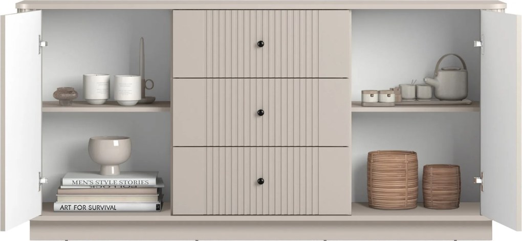 Vesper komód 160 cm fiókokkal lábazaton - kasmír / fekete fogantyúk