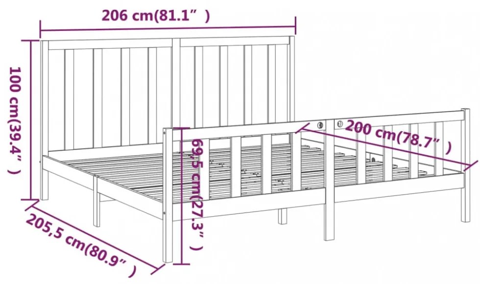 fekete tömör fenyőfa ágykeret 200x200 cm