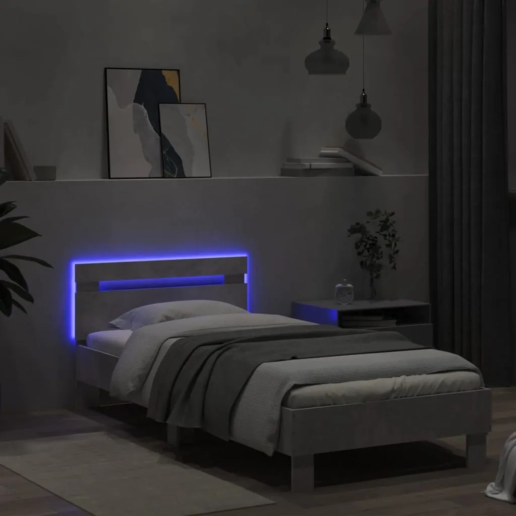 betonszürke ágykeret fejtámlával és LED-világítással 90x200 cm