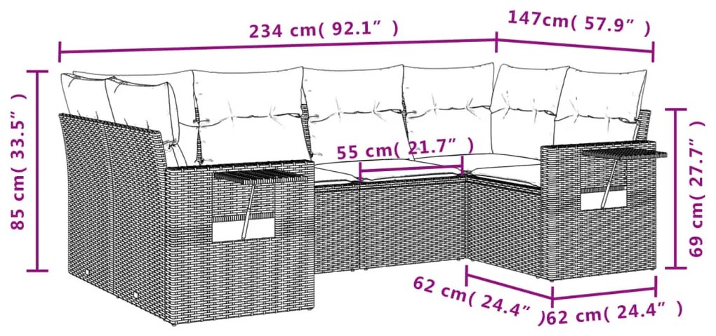 6 részes fekete polyrattan kerti ülőgarnitúra párnákkal