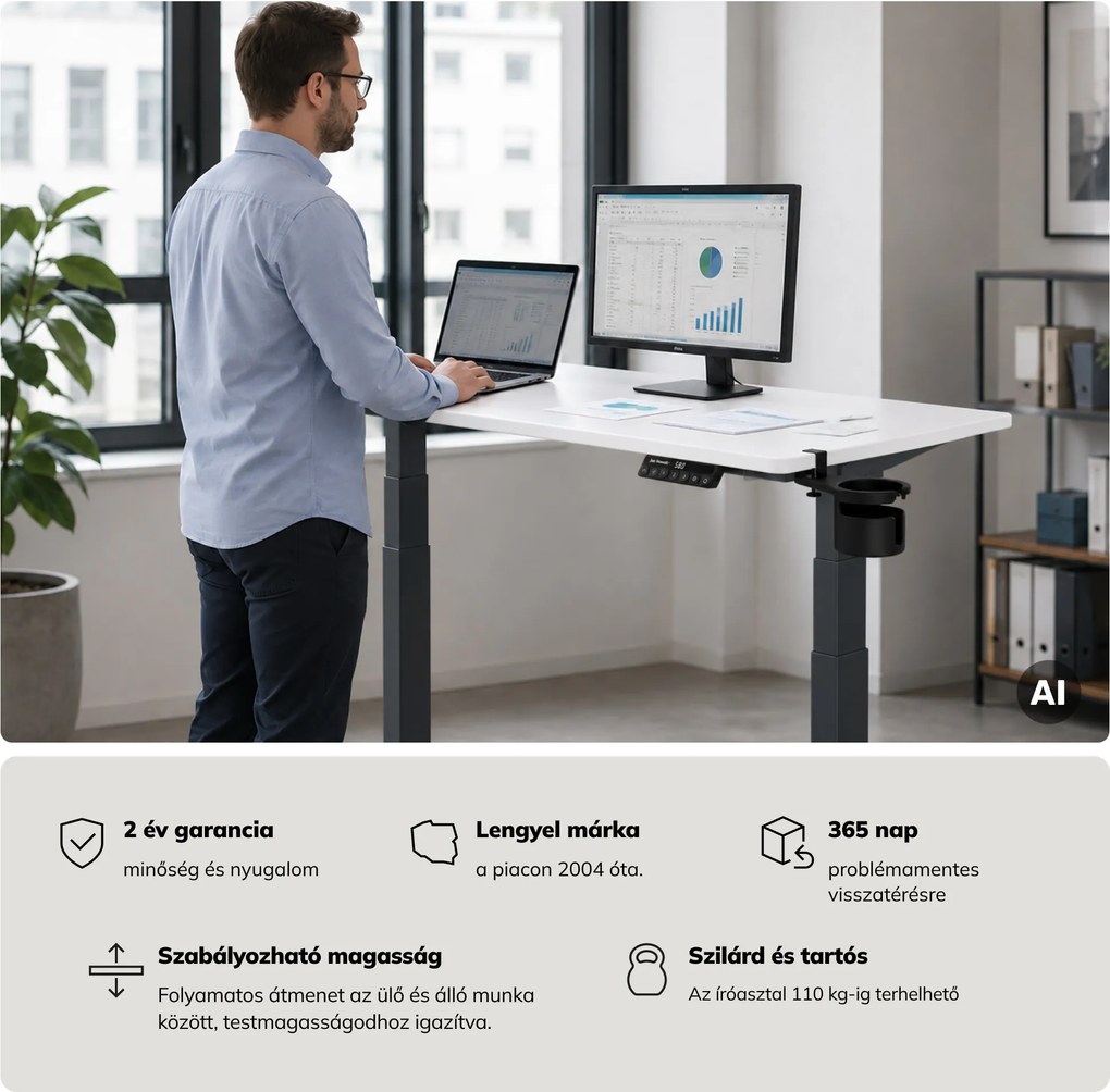 Elektromos íróasztal magasságállítással ergonomikus antracit-fehér, 1200x600 mm: ARIA