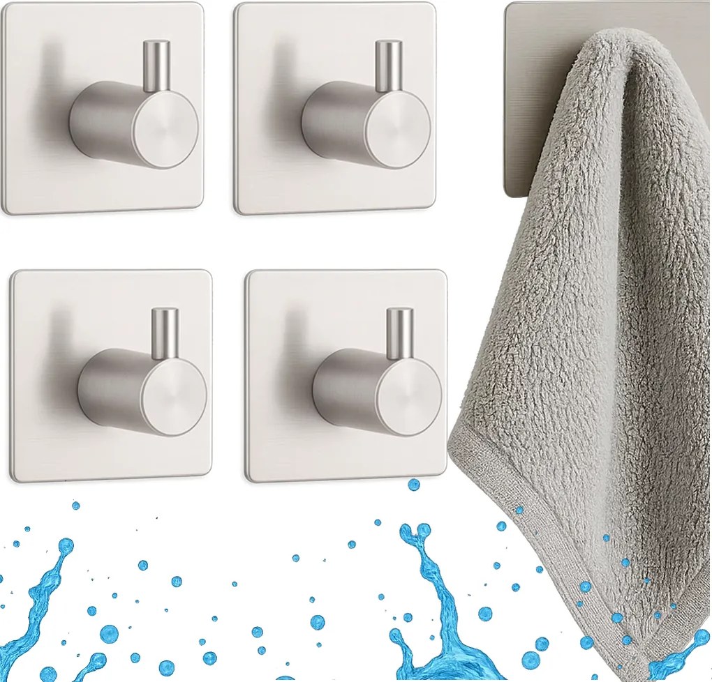 Fürdőszobai Akasztó Törölközőtartó Ezüst Öntapadós Szett 4 db-os