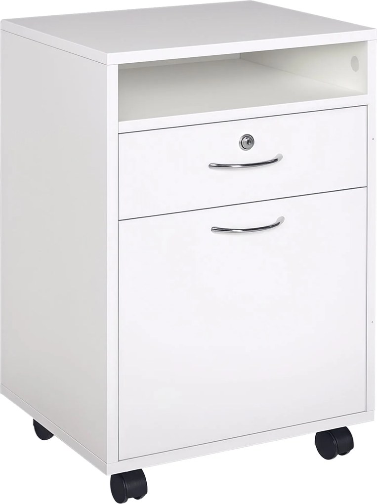 HOMCOM Irodai Mappa Kocsi 2 Kulccsal, Fiókkal, Szekrénnyel és 4 Kerekével Fehér Fából, 40x35x60cm | Aosom