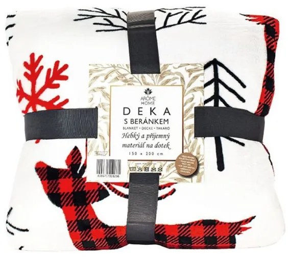 Karácsonyi mikroflanel takaró - 200x150 cm - fehér, piros szarvasos - hókristály mintával