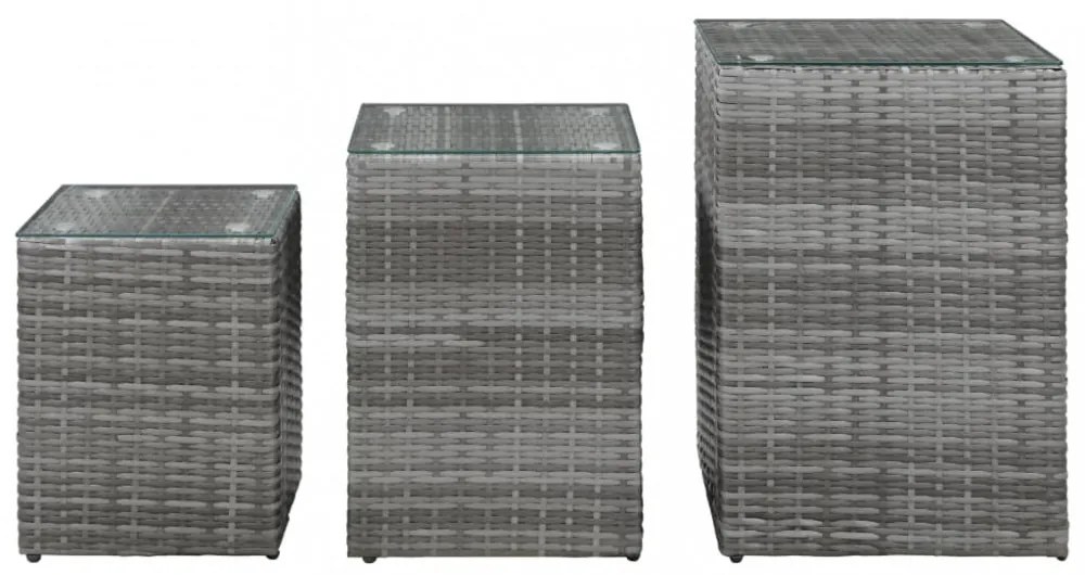 3 db szürke polyrattan kisasztal üveg asztallappal