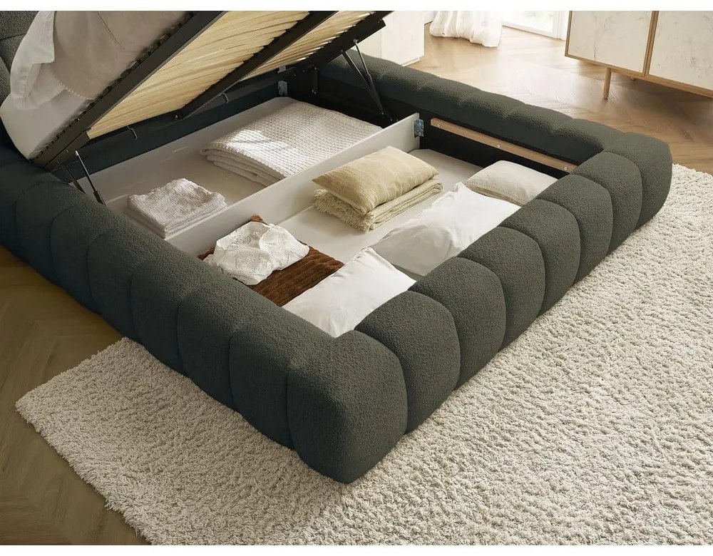 Zöld kárpitozott ágyneműtartós franciaágy ágyráccsal 180x200 cm Mont Blanc – Bobochic Paris