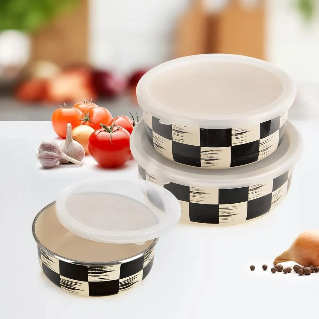 Orion Smaltovaná miska s UH víčkem Šachovnice Lem, pr. 17 cm, M