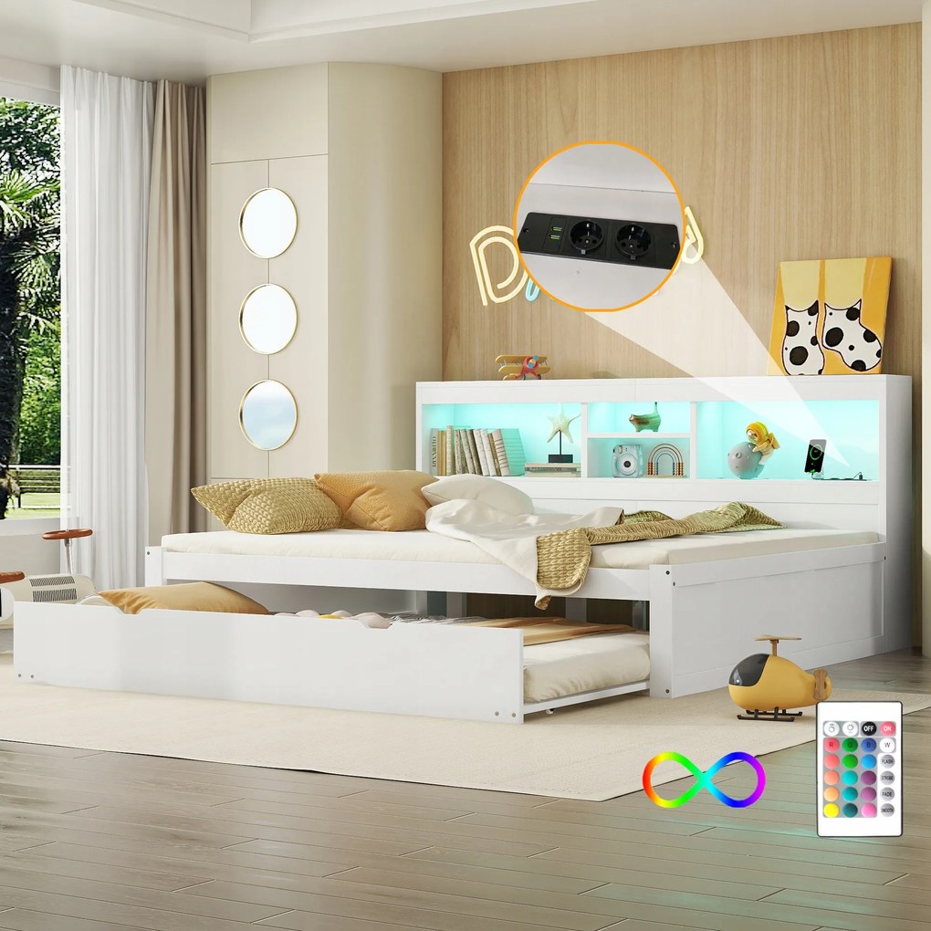 Gyerek összecsukható kanapé 140*200 cm Kihúzható ágy Aljzat Usb Led Fehér