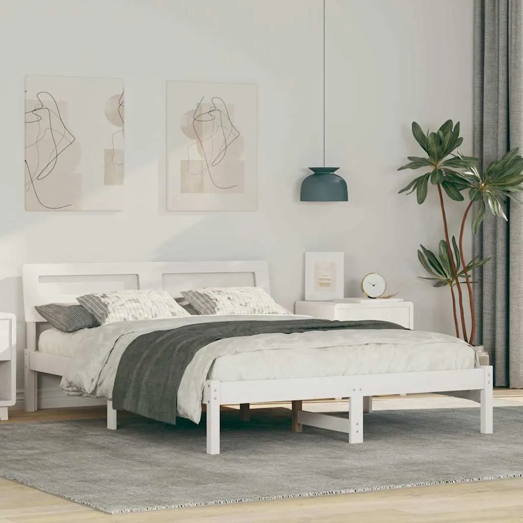 Ágykeret LED -es lámpákkal Fehér 140 x 190 cm Tömör fenyőfa