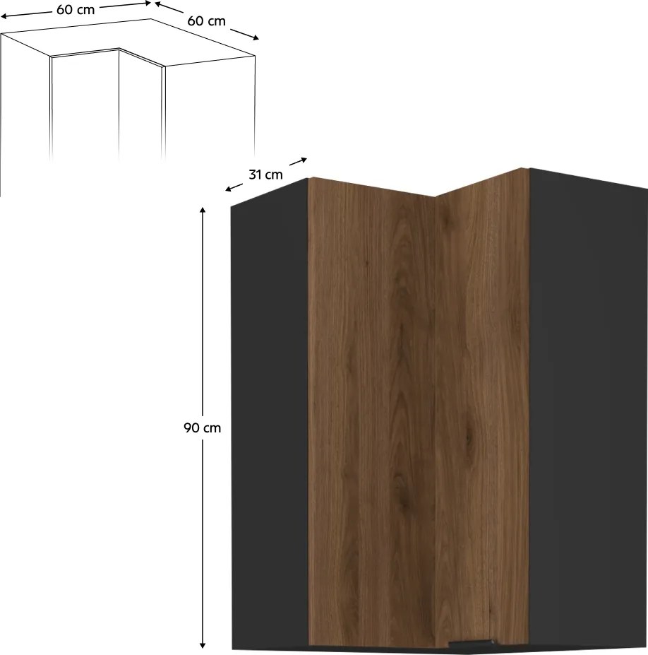 Felső sarokszekrény okapi dió/fekete, MENZO 60x60 GN-90 2F