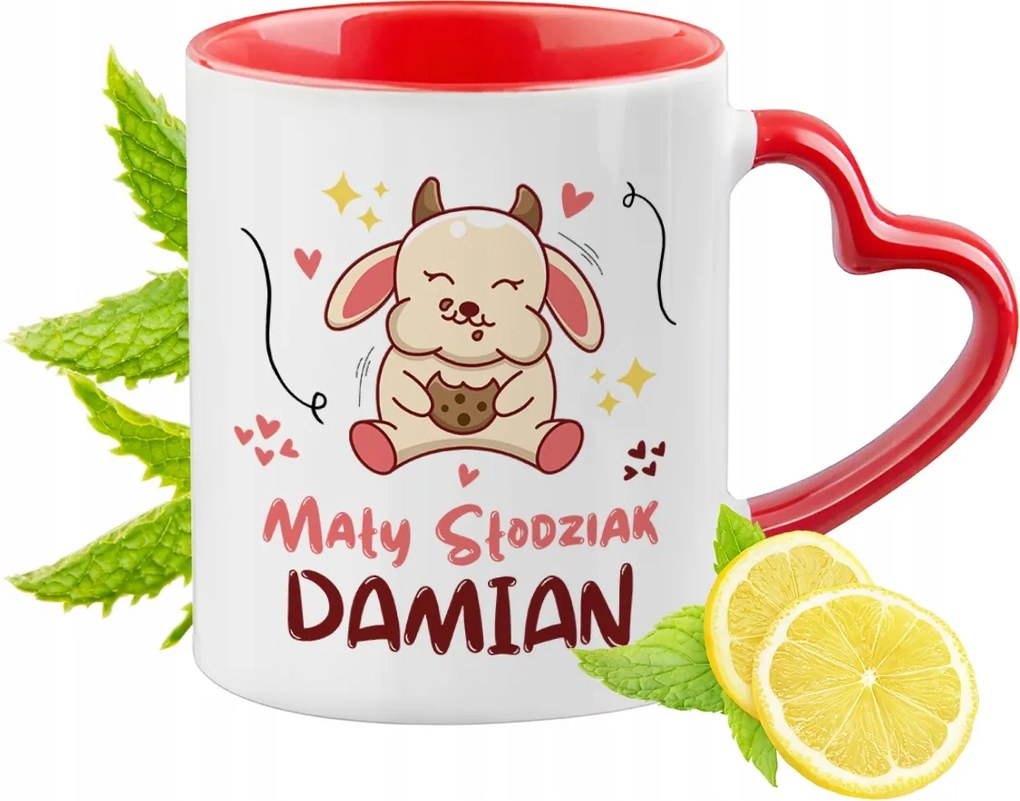 Piros bögre szív alakú füllel Damiannak Ajándék
