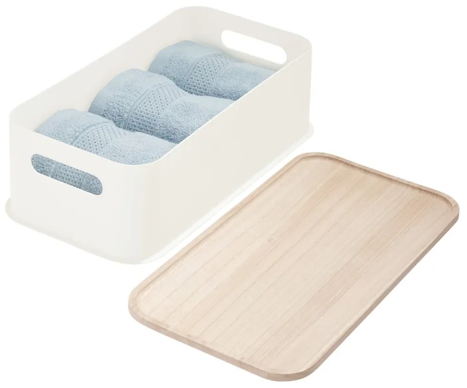 Eco Handled fehér tárolódoboz paulownia fa fedéllel, 21,3 x 43 cm - iDesign