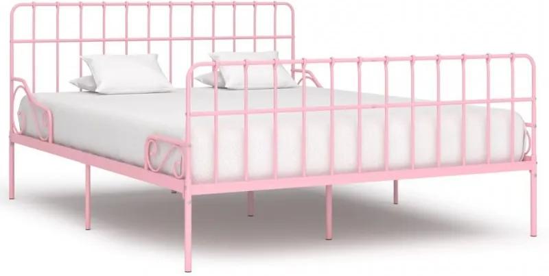 Rózsaszín fém ágykeret lécezett ágyráccsal 200 x 200 cm