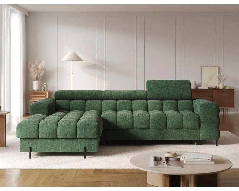 Zöld buklé kinyitható-tárolóhelyes sarokkanapé (bal oldali-heverő résszel) Felro – ELTAP