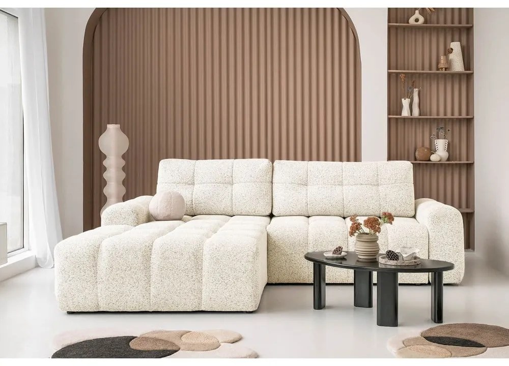 Krémszínű kinyitható tárolóhelyes moduláris sarokkanapé (bal oldali) Lulu – Miuform