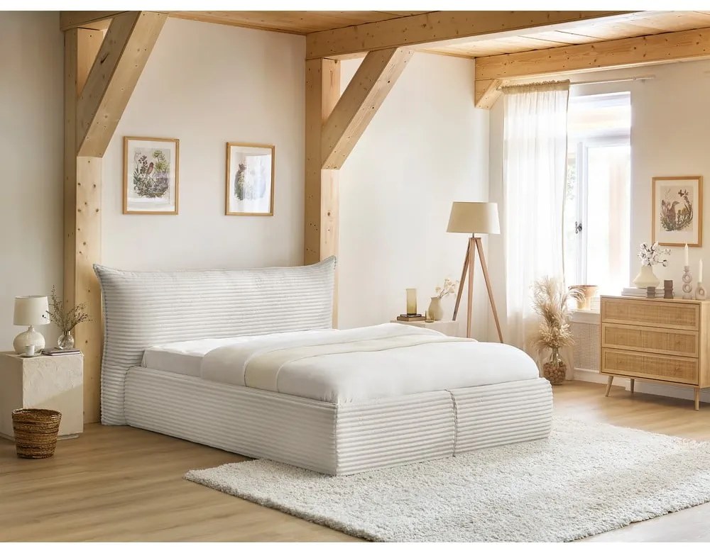 Krémszínű kárpitozott ágyneműtartós franciaágy ágyráccsal 160x200 cm Jade – Bobochic Paris