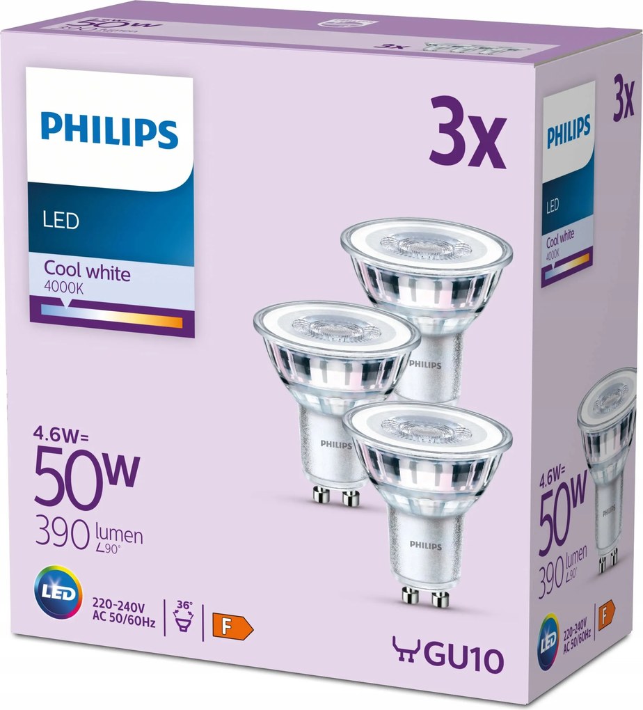 Led Fényszóró Izzó GU10 4.6W 50W 4000K Semleges 36° Philips 3 db