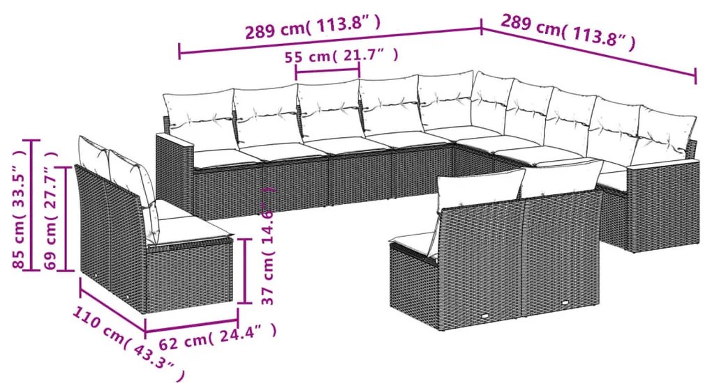 13 részes szürke polyrattan kerti ülőgarnitúra párnákkal