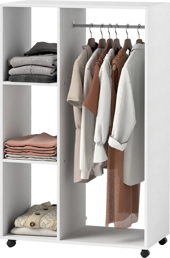 HOMCOM Görgős Ruhásszekrény, Mobil Ruhásszekrény, 1 Rúddal, 3 Polccal, Gurulós Ruhatartó Előszobába, Hálószobába, 80 x 40 x 128 cm, Fehér | Aosom