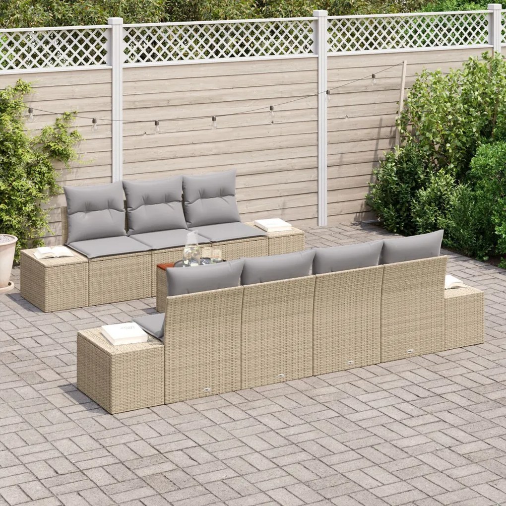 8 Darabos Kerti Sofa Szett Párnákkal Bézs Poli Rattan Akáciával