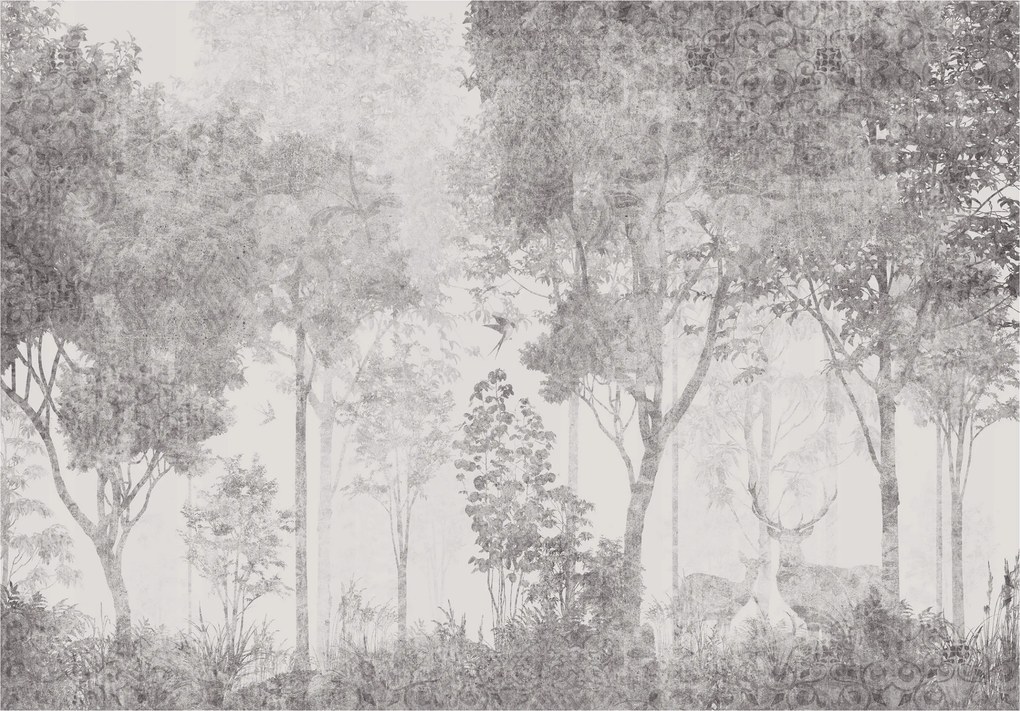 Fotótapéta Monokróm erdő szarvasok madarak fák a ködben 400x280 +ragasztó