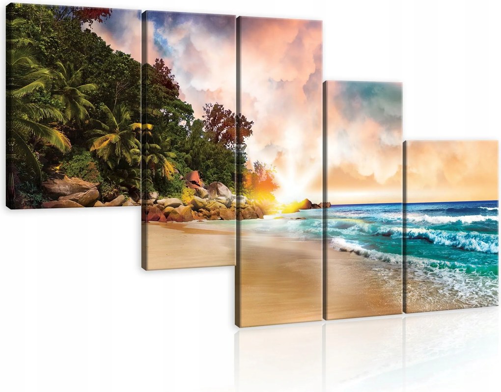 Vászonkép 170x100 Trópusi tengerpart napkelte/napnyugta óceán hullámok pálmafák pihenés