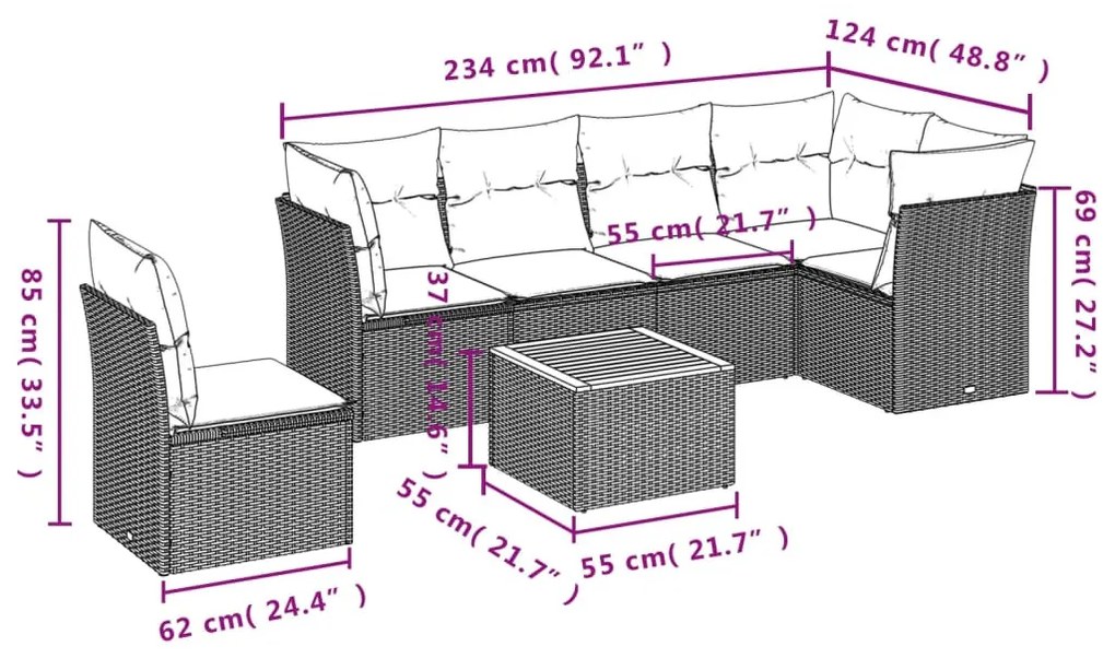 7 részes szürke polyrattan kerti ülőgarnitúra párnákkal