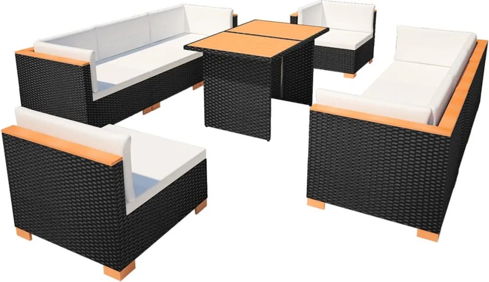 vidaXL 10-részes fekete polyrattan kerti bútorszett párnákkal