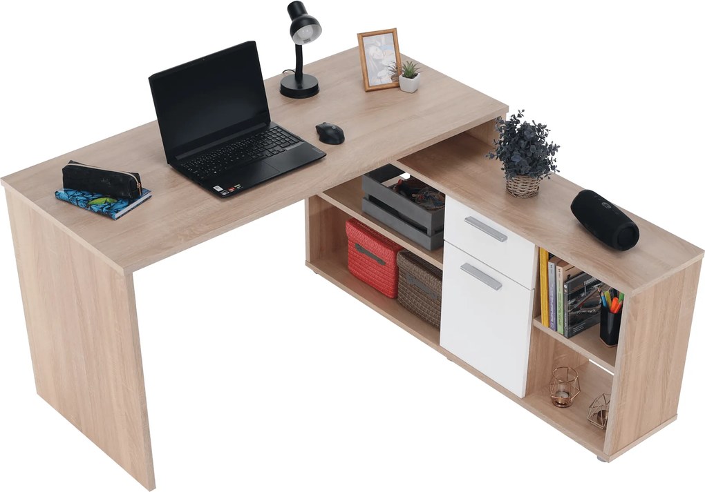 Sarok íróasztal, sonoma tölgy/fehér, NOE NEW
