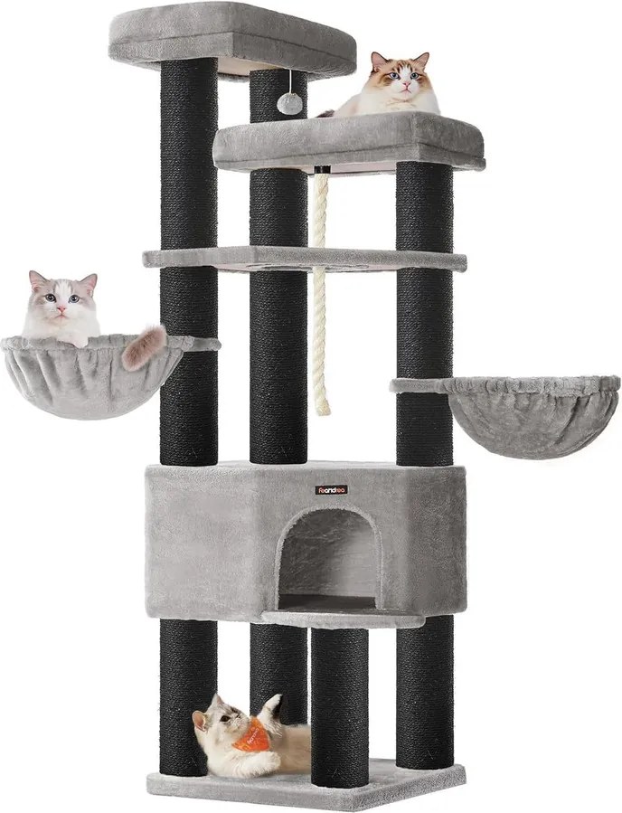 Nagy, Többszintes Macskabútor XXL 55 x 55 x 186,7 cm, szürke, fekete