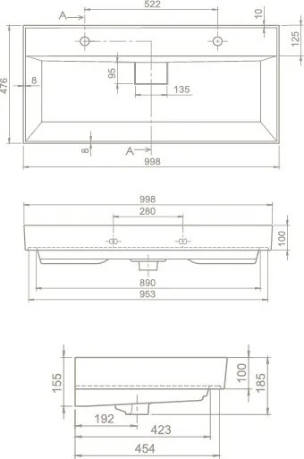 CeraStyle SHARP - MATT BÉZS - porcelán mosdókagyló - DUPLA csaplyukas - 100 x 48 cm