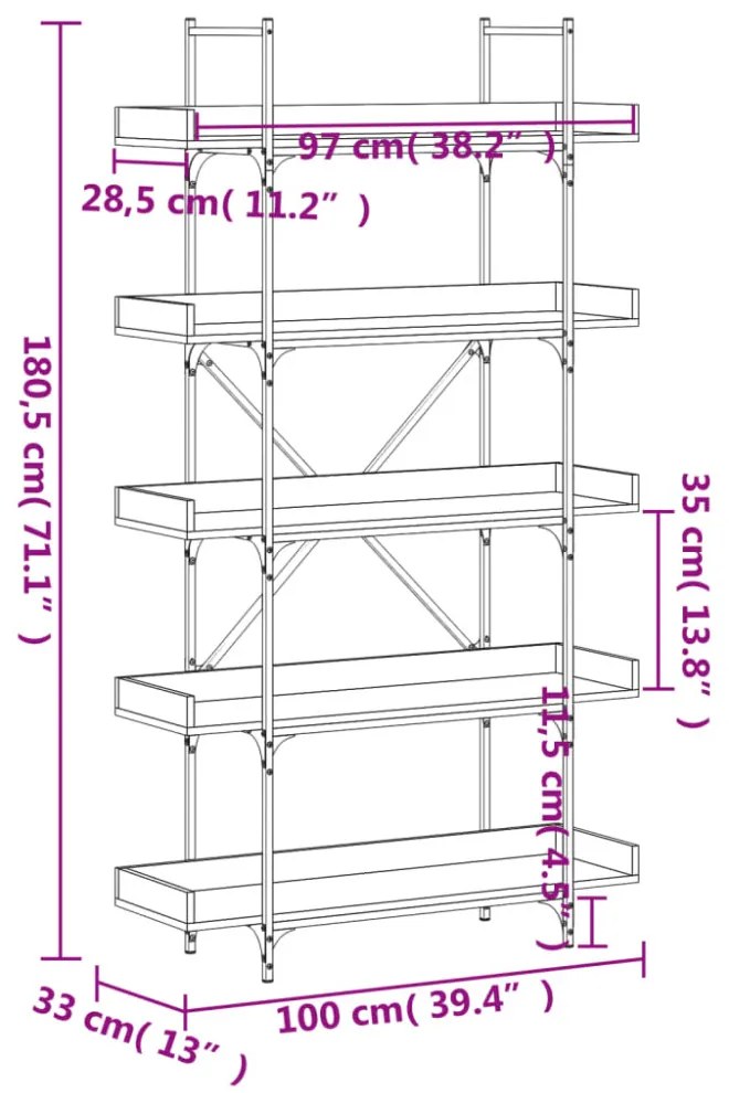 5-szintes füstös tölgy szerelt fa könyvespolc 100x33x180,5 cm